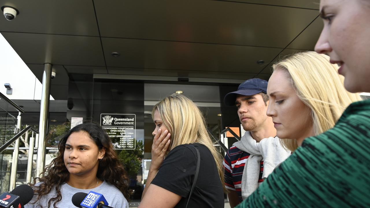 Xaxaire Combarngo (left), Claudia Combarngo (centre) and Tristan Hooper speak with reporters outside Toowoomba Courthouse.