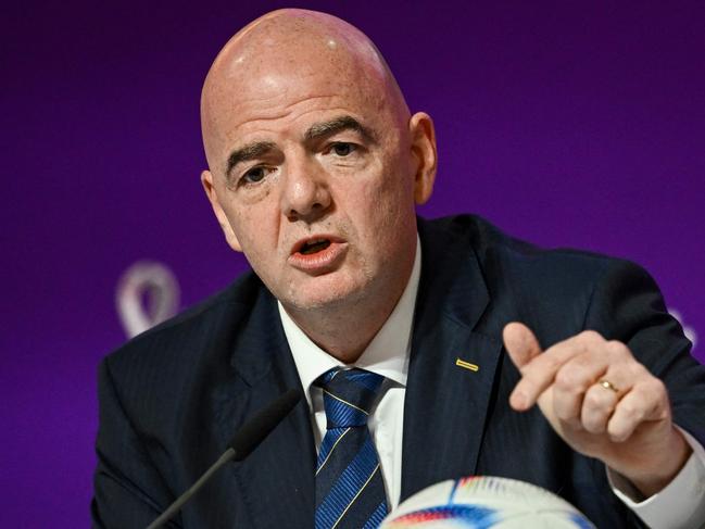 FIFA President Gianni Infantino speaks during a press conference at the Qatar National Convention Center (QNCC) in Doha on November 19, 2022, ahead of the Qatar 2022 World Cup football tournament. - Infantino hit back at Western critics of Qatar's human rights record at his opening press conference of the World Cup on November 19, blasting their "hypocrisy". (Photo by FABRICE COFFRINI / AFP)