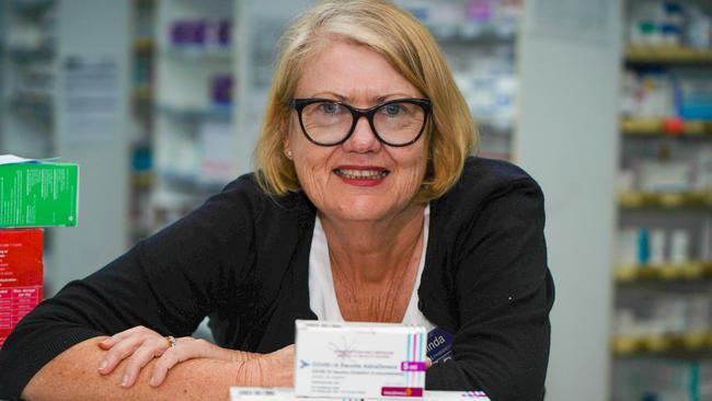 Belinda Everson from Optimal Pharmacy says a lot of customers ask about the risks and most are OK with AstraZeneca. Picture: Nuno Avendano