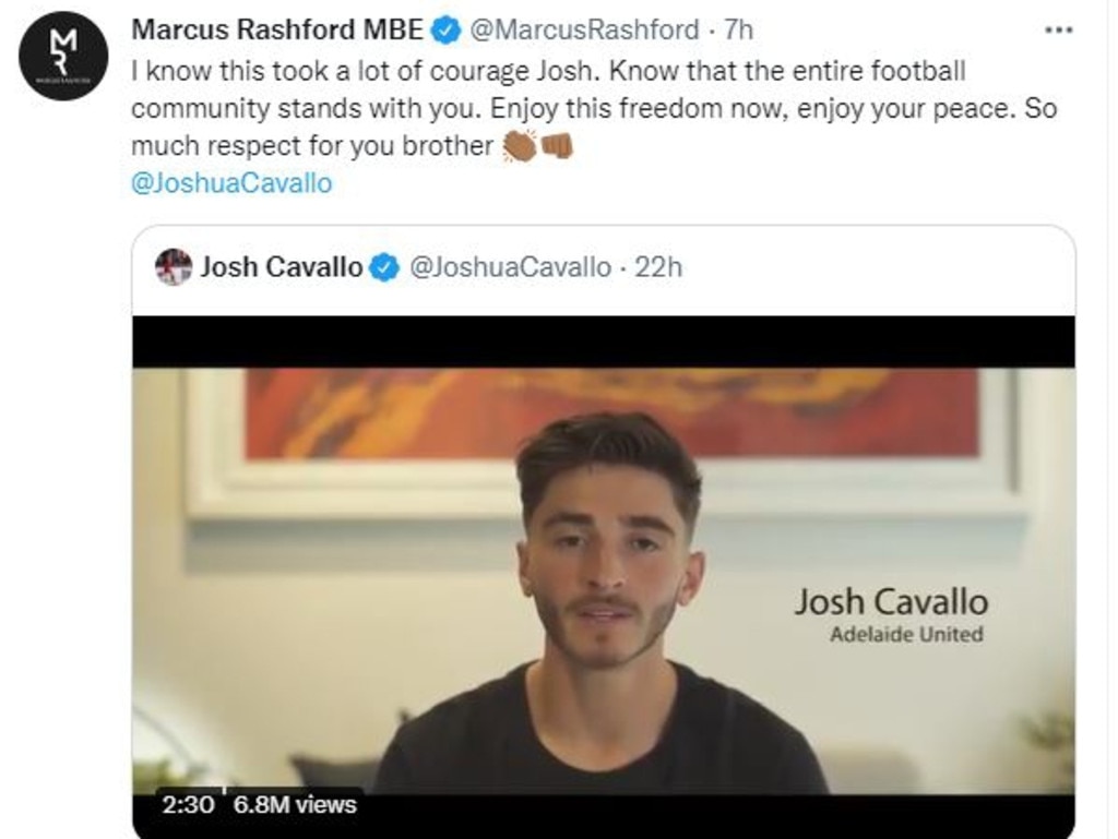 Marcus Rashford tweets in support of Josh Cavallo. Picture: X/Twitter