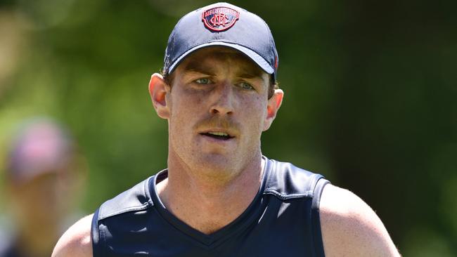 MELBOURNE, AUSTRALIA - NOVEMBER 22: Harrison Petty of the Demons runs laps during a Melbourne Demons AFL training session at Gosch's Paddock on November 22, 2024 in Melbourne, Australia.  (Photo by Quinn Rooney/Getty Images)