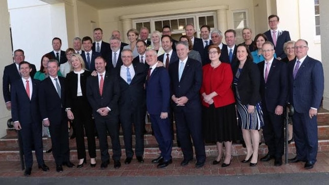 Prime Minister Scott Morrison’s new cabinet ministers pose for the traditional; “family photo” after being sworn into office at Government House. Picture: Gary Ramage