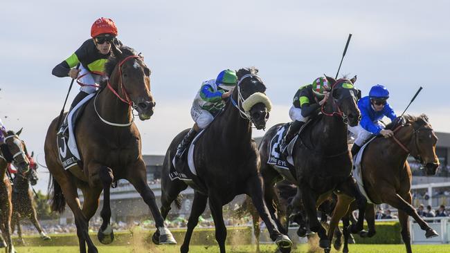 Joe Pride’s Think About It, left, beating I Wish I Win, nose roll, and fellow Pride stablemate Private Eye into third in last year’s Everest at Royal Randwick.