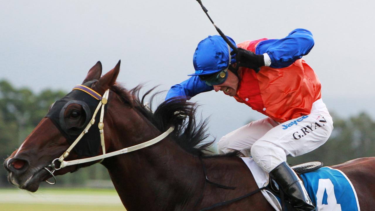 Racehorse Pimpala Secret ridden by jockey Greg Ryan wins race 7 at the Hawkesbury Racecourse in Clarendon, northwest Sydney.