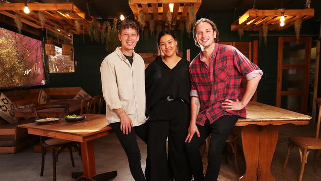 L-R Ollie Lancaster with partner Mikaela Mulvaney and brother Dan Lancaster who are the owners of Dana Eating House in Hobart. Launch of the Passport to Hobart Summer dining voucher program. Picture: NIKKI DAVIS-JONES