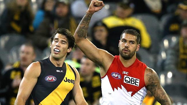 Lance Franklin and Alex Rance. Picture: Wayne Ludbey