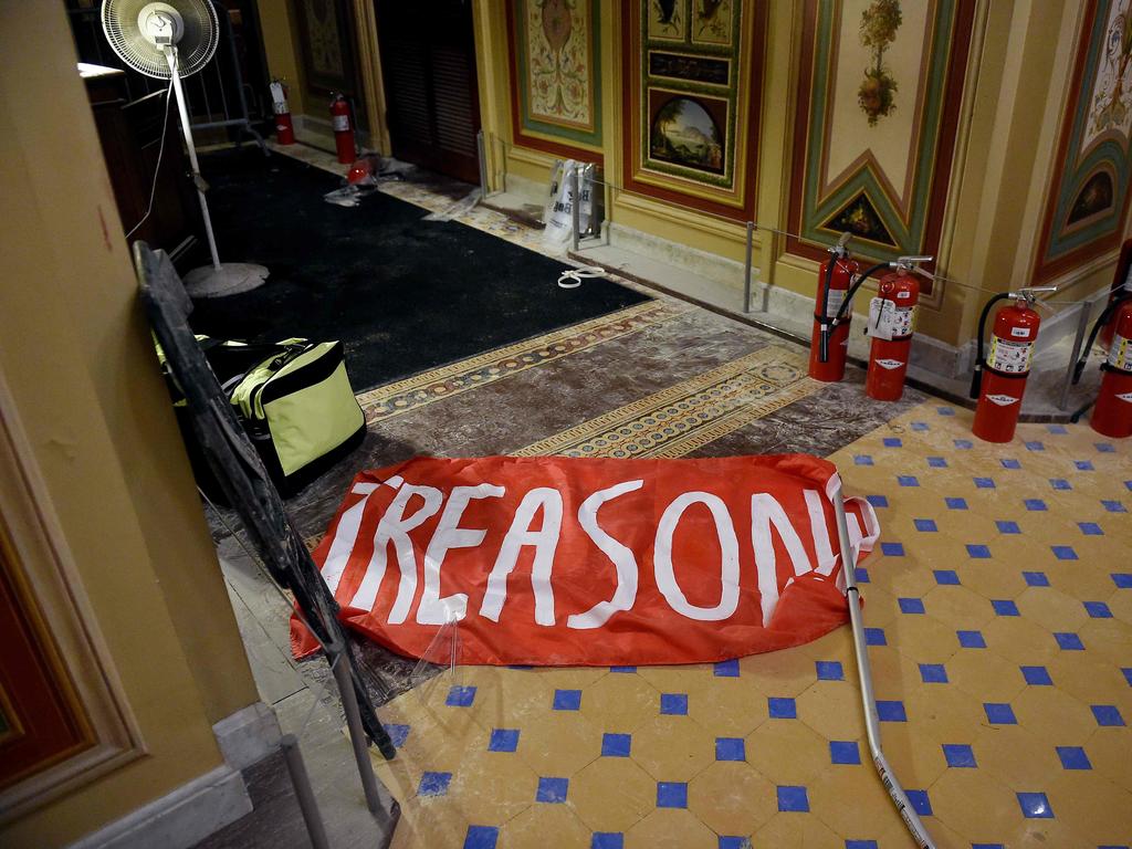 A banner alleging treason left behind in the US Capitol building. Picture: AFP