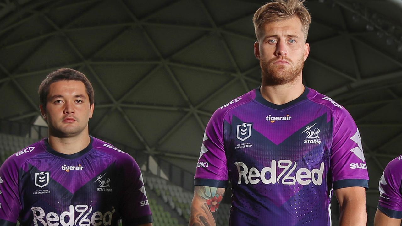 Melbourne Storm players Brandon Smith, Cameron Munster and Ryan Papenhuyzen at AAMI Stadium, ready for their first game. Picture: Alex Coppel.