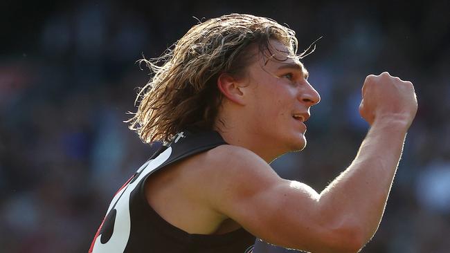 AFL Round 7. 02/05/2021.   Essendon vs Carlton at the MCG, Melbourne.  Harrison Jones of the Bombers celebrates a 1st qtr goal   . Pic: Michael Klein