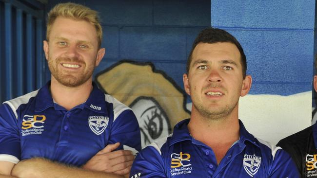 Adam Slater, Todd Cameron, Mitch Gorman and Dylan Collett at Frank McGurren Field for announcement of Cameron's new role as coach captain of the Grafton Ghosts.