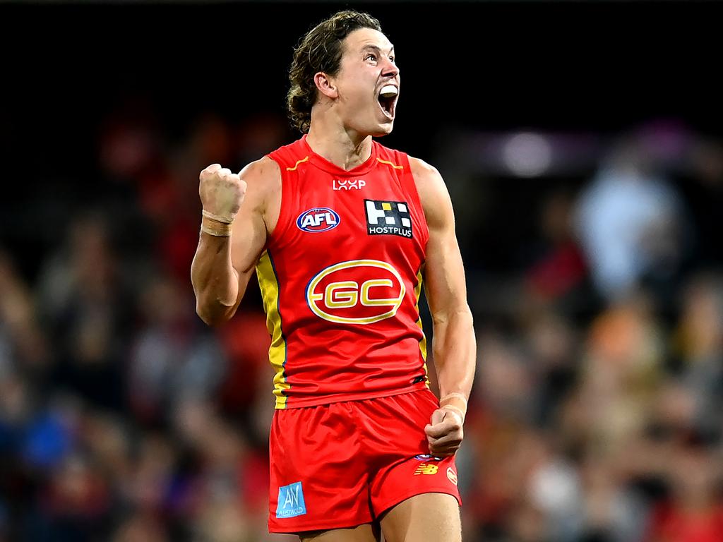 Thomas Berry celebrates after kicking a goal. Picture: Albert Perez/AFL Photos via Getty Images.