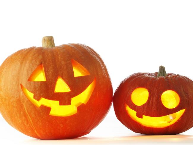 Two Jack O Lantern halloween pumpkins with candle light inside isolated on white background.