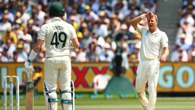 Neil Wagner (R) has had the measure of Steve Smith this summer. Picture: Getty