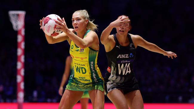 LONDON, ENGLAND - JANUARY 20: Kate Moloney of Australia Origin Diamonds holds off Mila Reuelu-Buchanan of New Zealand Silver Ferns during the Vitality Netball Nations Cup match between Australia Origin Diamonds and New Zealand Silver Ferns at OVO Arena Wembley on January 20, 2024 in London, England. (Photo by Charlie Crowhurst/Getty Images for England Netball)