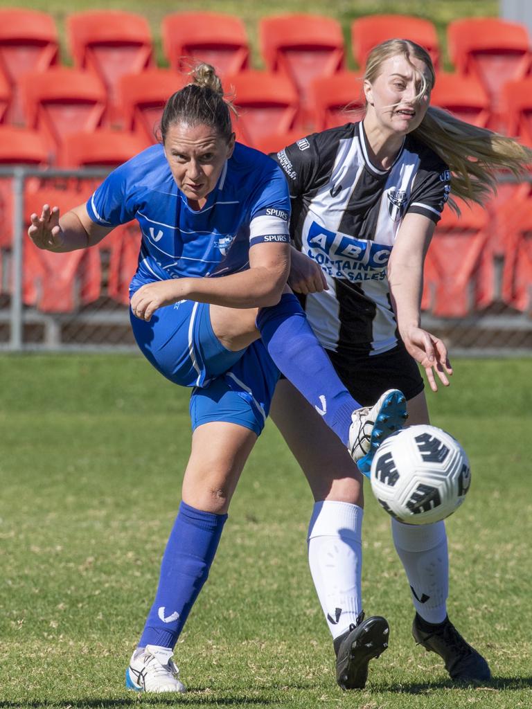 Dawn Holden, Rockville and Kimberely Waite, Willowburn. TFL President's Cup, Willowburn vs Rockville. Sunday, June 6, 2021. Picture: Nev Madsen.