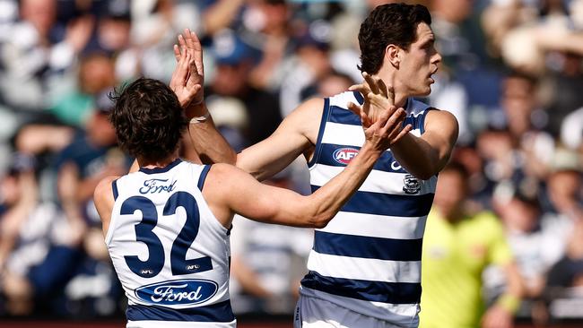 Gryan Miers (left) and Shannon Neale celebrate a goal against West Coast. Picture: Michael Willson/AFL Photos via Getty Images