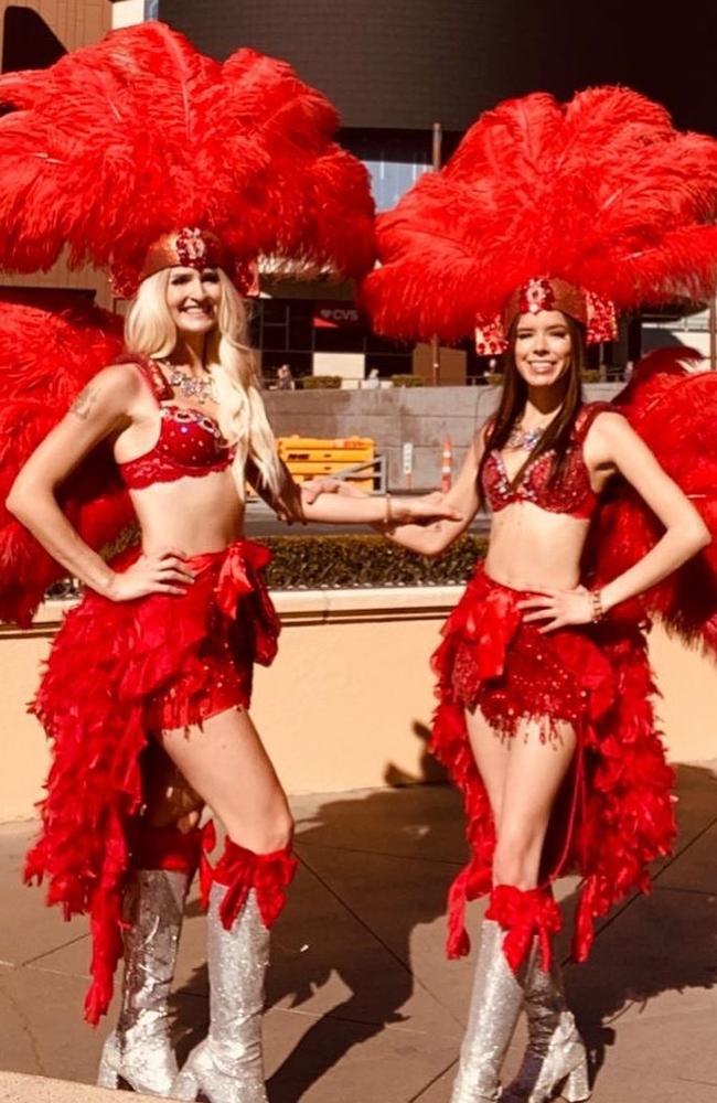 Maris DiGiovanni (left) was killed in a knifing spree while walking in the Las Vegas Strip in costume. Picture: Best Showgirls In Las Vegas/Facebook