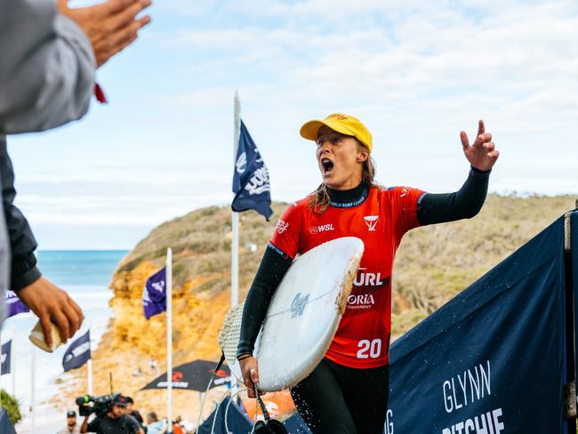Isabella Nichols of Australia after surfing in Heat 2 of the semifinals at the Rip Curl Pro Bells Beach on April 27, 2025 at Bells Beach, Victoria, Australia. (Photo by Ed Sloane/World Surf League)