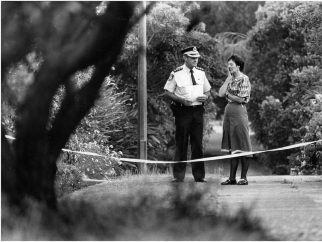 Police at the scene of Muriel Falconer’s murder in November 1989.