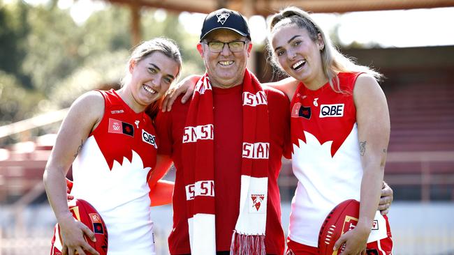 Cynthia (left) and Lexi Hamilton (right) are hoping to get their dad Kelly a Swans win for Father’s Day. Picture: Phil Hillyard