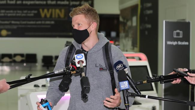 Dan Hannebery facing the media ahead of his flight to Queensland on Tuesday. Picture: Alex Coppel.