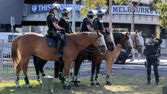 Police outside AAMI park for the Melbourne Victory vs Sydney FC soccer game. Picture: David Geraghty