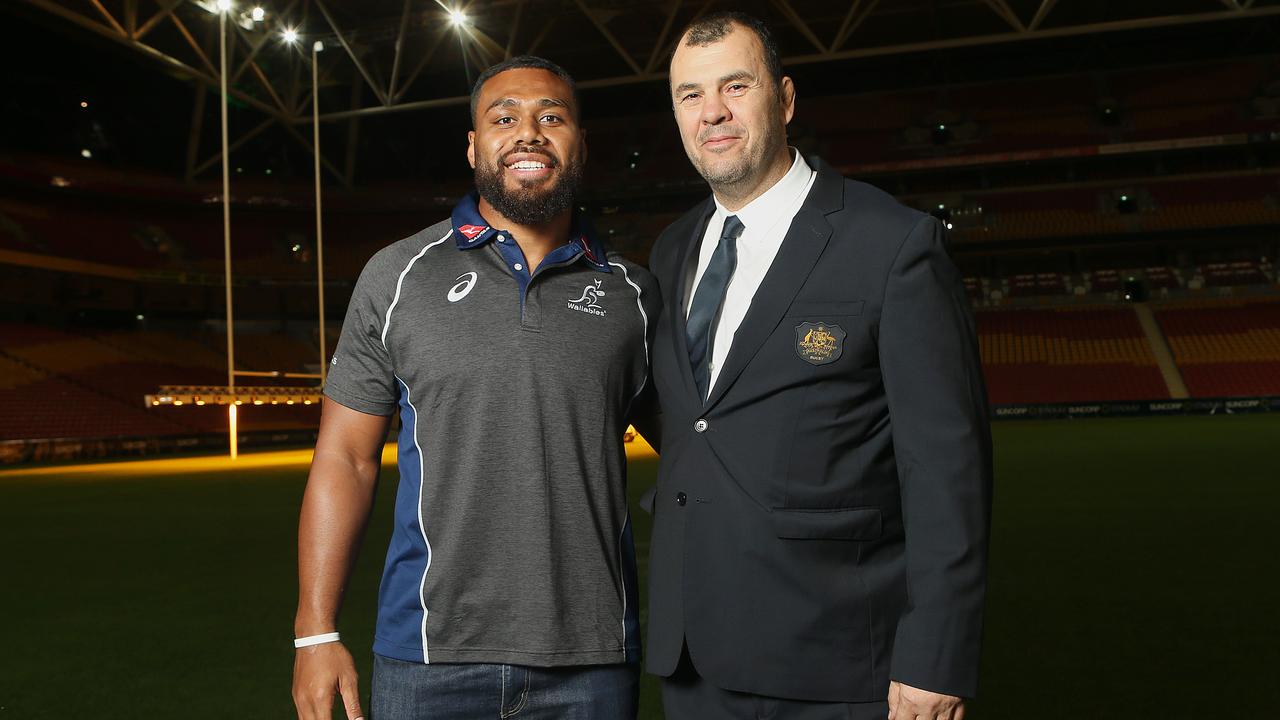 Samu Kerevi and Michael Cheika pose at Suncorp Stadium in Brisbane.