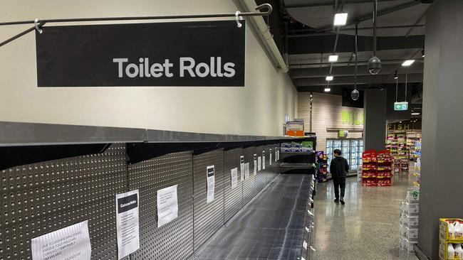 Shelves usually stocked with toilet paper sat empty at the start of the coronavirus outbreak in Australia. Picture: AFP