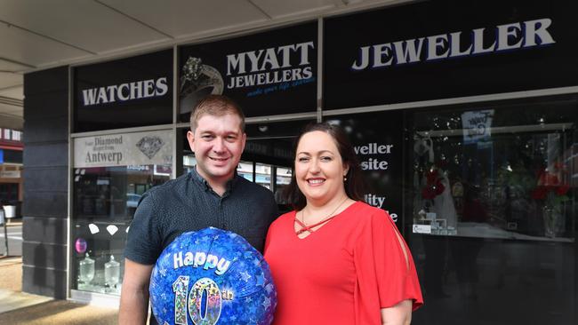 Geoff and Rebecca Myatt from Myatt Jewellers in Maryborough celebrating the 10th anniversary of their business.Photo: Alistair Brightman