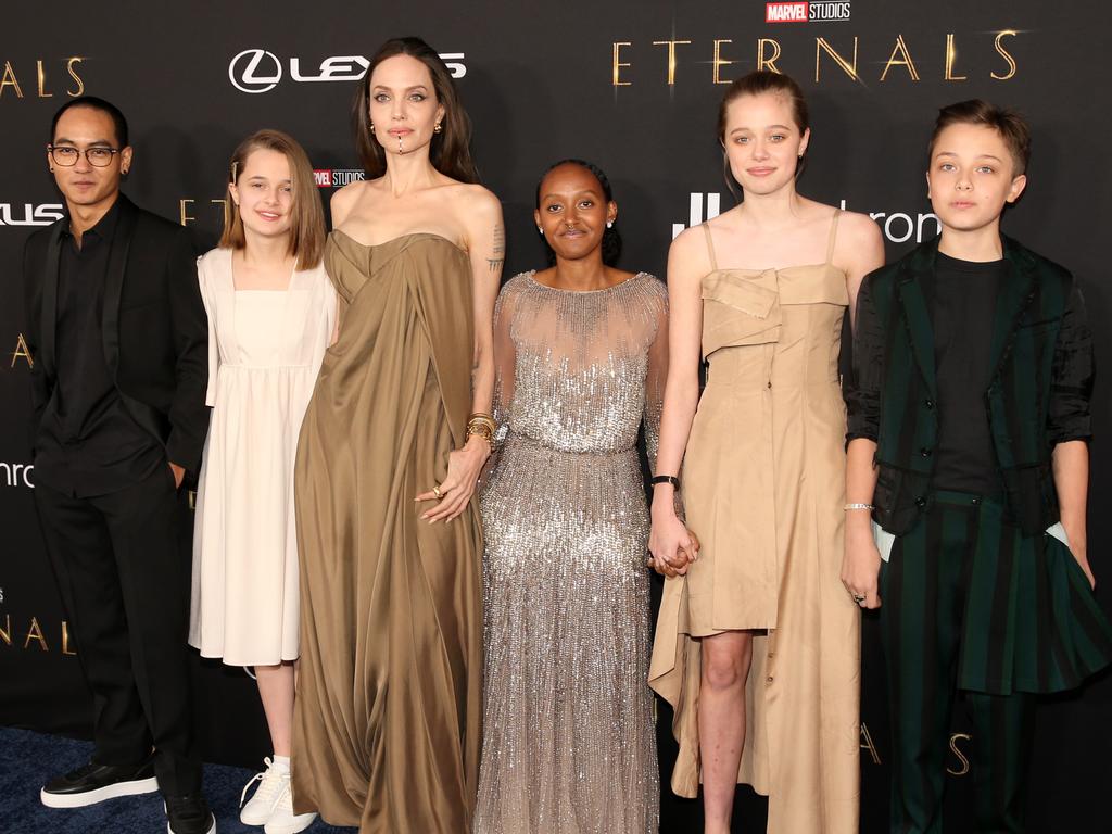 Jolie shares six children with Pitt (from left to right): Maddox, Vivienne, Zahara, Shiloh, Knox and Maddox (not pictured). Picture: Jesse Grant/Getty Images