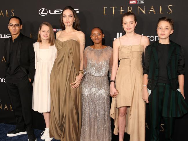 Jolie shares six children with Pitt (from left to right): Maddox, Vivienne, Zahara, Shiloh, Knox and Maddox (not pictured). Picture: Jesse Grant/Getty Images