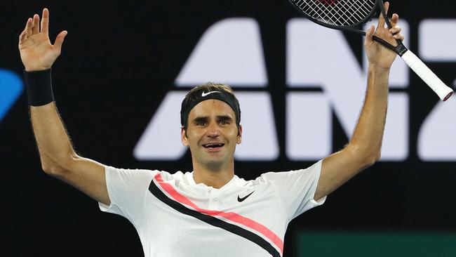 Roger Federer reacts on match point as he officially claimed grand slam No.20. Picture: Michael Klein