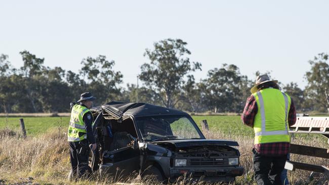 Three people were killed in the crash on Dalby-Jandowae Rd, Monday, June 17, 2024. Picture: Kevin Farmer