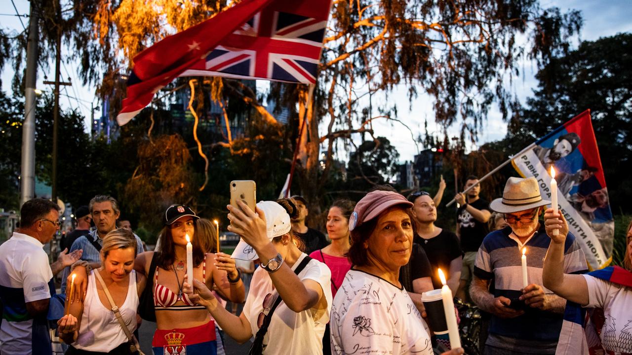 Novak Djokovic supporters rally outside Park Hotel where he has been detained in Melbourne. Picture: Diego Fedele/Getty Images