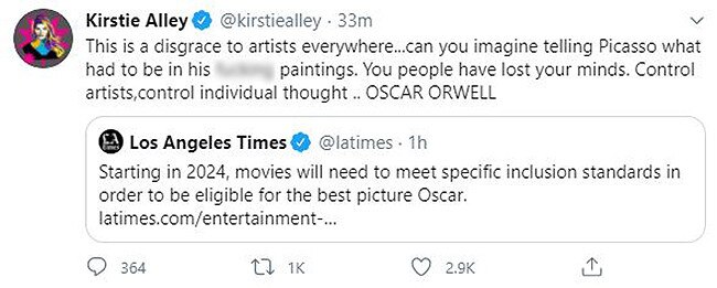 There was no acting from Kirstie Alley when she tweeted her disapproval of the new inclusion guidelines for the Academy Awards. Picture: Twitter/Screengrab