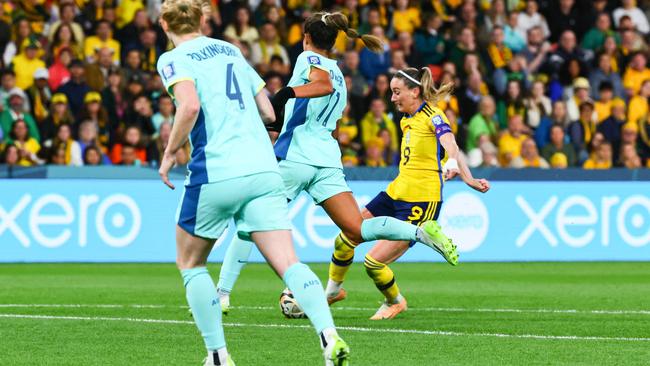 Sweden's midfielder Kosovare Asllani scores her team's second goal. Picture: Patrick Hamilton/AFP