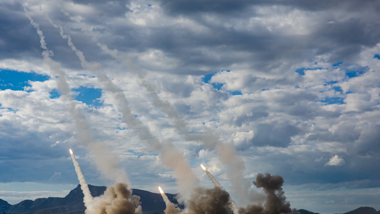 HIMARS fire in unison from the United States Army 17th Field Artillery Brigade during a multi-national live firepower demonstration at Shoalwater Bay Training Area during Exercise Talisman Sabre 2023. Supplied Australian Defence Force