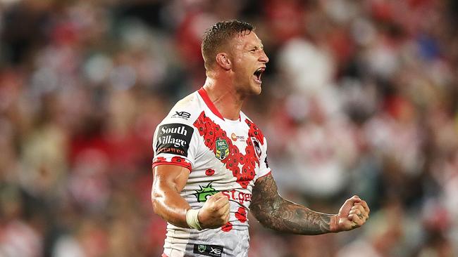 Tariq Sims of the Dragons will present a physical challenge for Sam Burgess in the Charity Shield. Picture: Mark Metcalfe/Getty Images