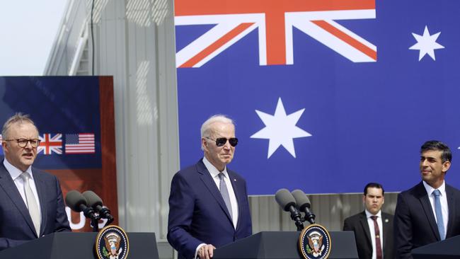 Anthony Albanese and the United Kingdom’s Rishi Sunak join US President Joe Biden at Submarine Base Point Loma in San Diego, California. Picture: Sandy Huffaker for News Corp