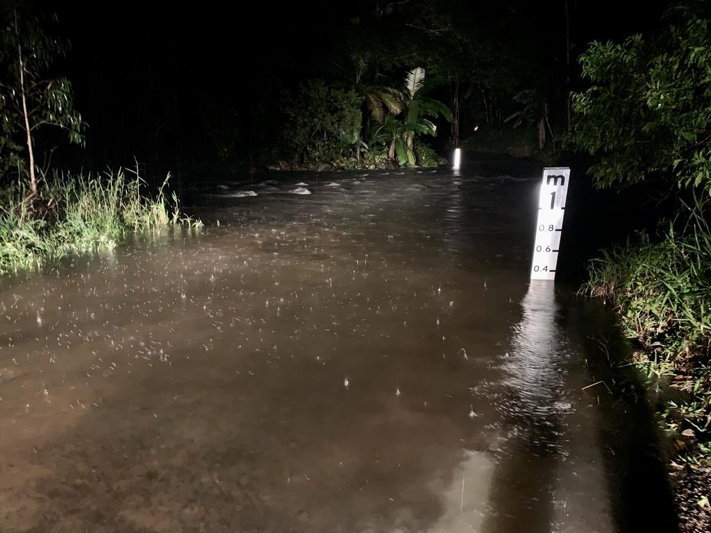 The first causeway on the way to Finch Hatton Gorge was well under water with rocks moving across with the rapid water flow. July 4, 2022. Picture: Rae Wilson