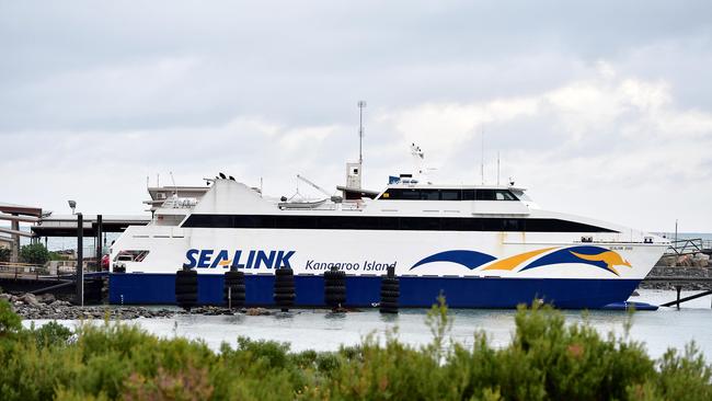 A SeaLink ferry docked at Penneshaw on Kangaroo Island. The proposed Glenelg service would use a smaller 30m boat that cannot carry vehicles. Picture: Bianca De Marchi