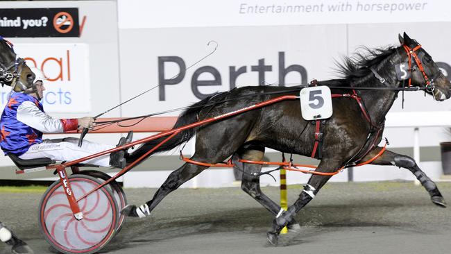 Isaiah Artois - driven by Colin Brown - convincingly wins the $100,000 International Animal Health Pearl classic for trainer David Thompson and owner S.Johnson. Picture: Bill Crabb