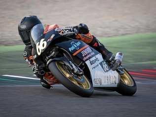 REVVED UP: Toowoomba rider Joel Kelso puts his JDS Moto bike to the test during Pre Moto 3 action at the Mugello Circuit in Italy. Kelso finished with second and third placings from his two races. Picture: Contributed