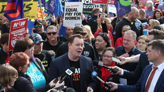 Trades Hall secretary Luke Hilakari during the union protest in May. Picture: David Crosling