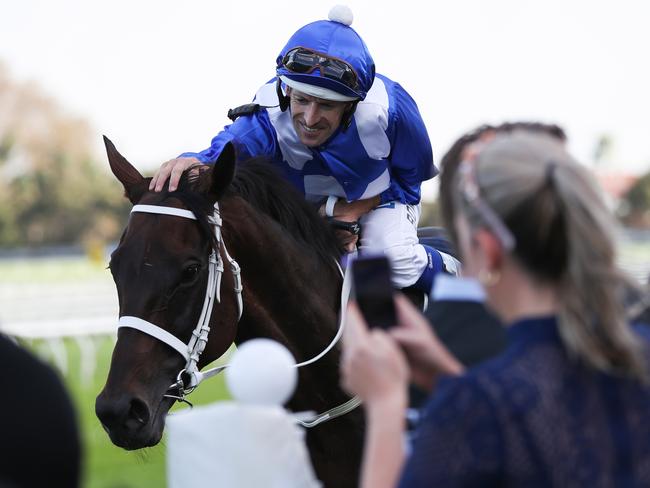 Hugh Bowman gives Winx a well-earned pat on the head.