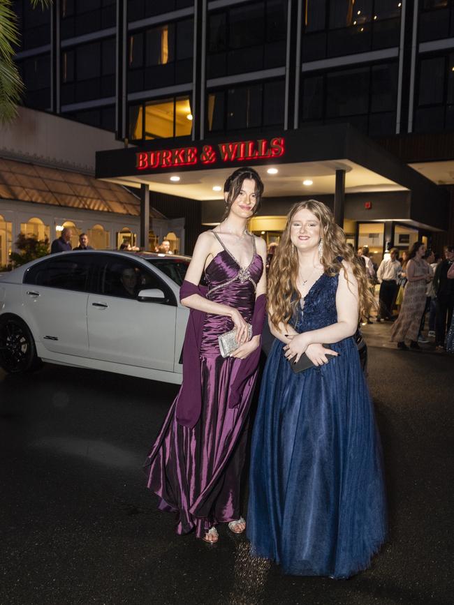 Graduates Taeisha Robinson (left) and Hannah Fairweather at the Toowoomba Flexi School formal at Burke and Wills Hotel, Thursday, October 20, 2022. Picture: Kevin Farmer