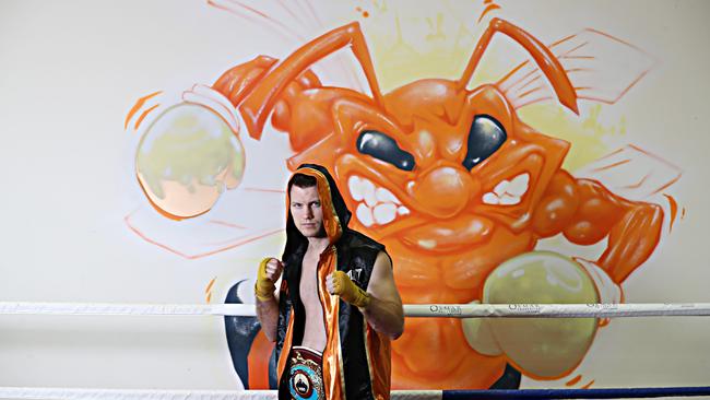 Jeff Horn with his mural painted by BoHDi at his Stretton Boxing gym. Picture: Annette Dew