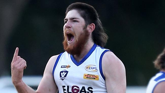 Tallangatta & District FL, Round 6, Yackandandah V Beechworth, at Yackandandah, Ethan Patrala, 99, celebrates his goal, Yackandandah Wallabeies,  Picture Yuri Kouzmin