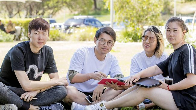 International students Sze Chun Li, Shi Ren, Yuyan Liang and Fei Zhao are just some of the hundreds arriving on the Gold Coast to study. Picture: Jerad Williams