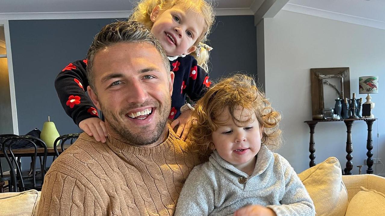 Sam Burgess with his son Billy, one, and daughter Poppy, three. Picture; Instagram